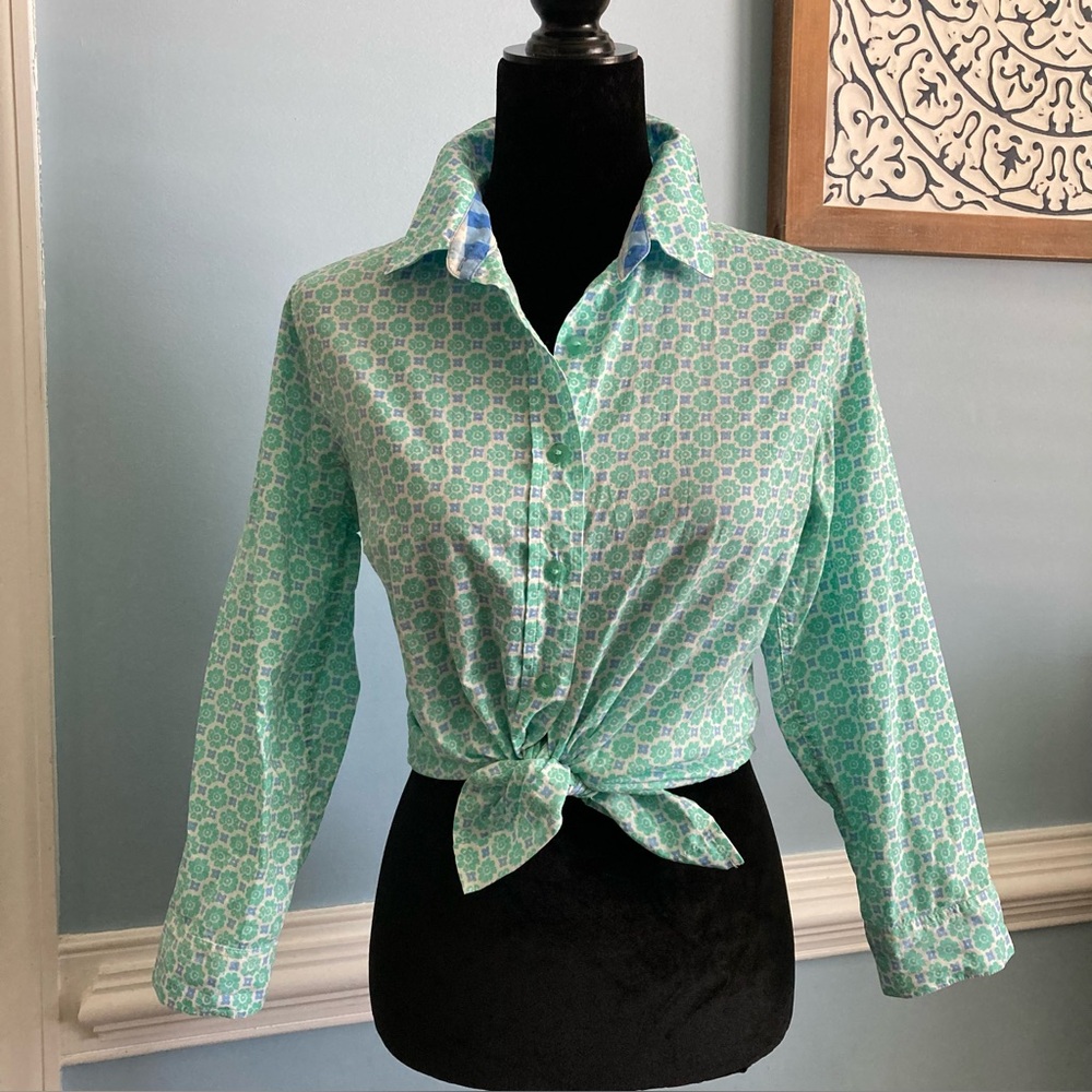 Cape Madras Women's Green & Blue Printed Button-Down Shirt Size Medium Top
